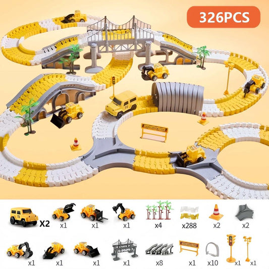 326 PCS Construction Race Tracks for Kids Toys, 2 Electric Cars, 4 Construction Cars, 1 Map & Flexible DIY Track Set, Engineering Gifts for 3 4 5 6 Year Old Boys Girls